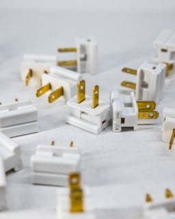 White electrical plugs and connectors with gold prongs, suitable for lighting fixtures and electrical systems.