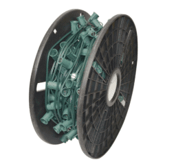 1. Spool of weatherproof green outdoor string lights for lighting projects.