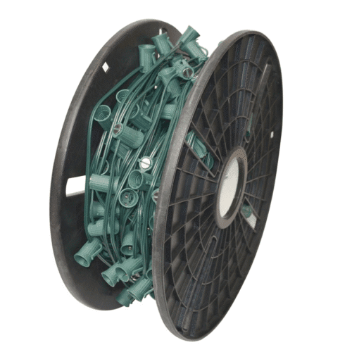 1. Spool of weatherproof green outdoor string lights for lighting projects.