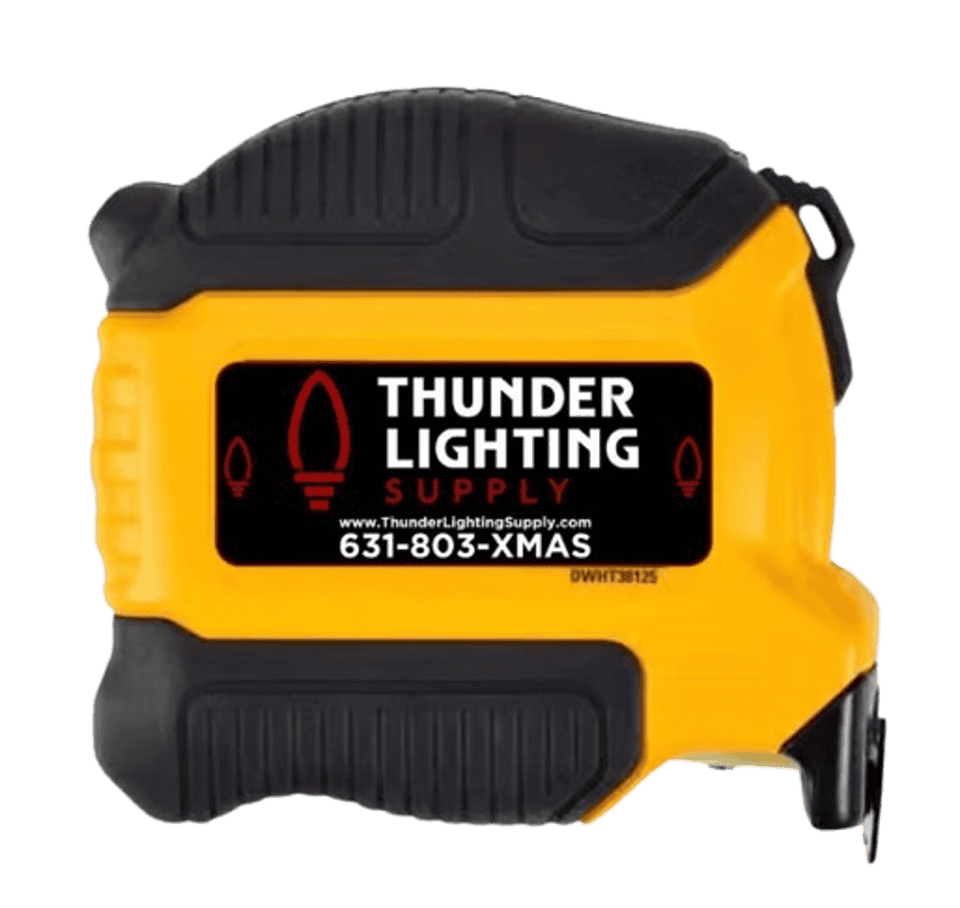 Heavy-duty yellow measuring tape with black grip, ideal for construction and lighting setups.