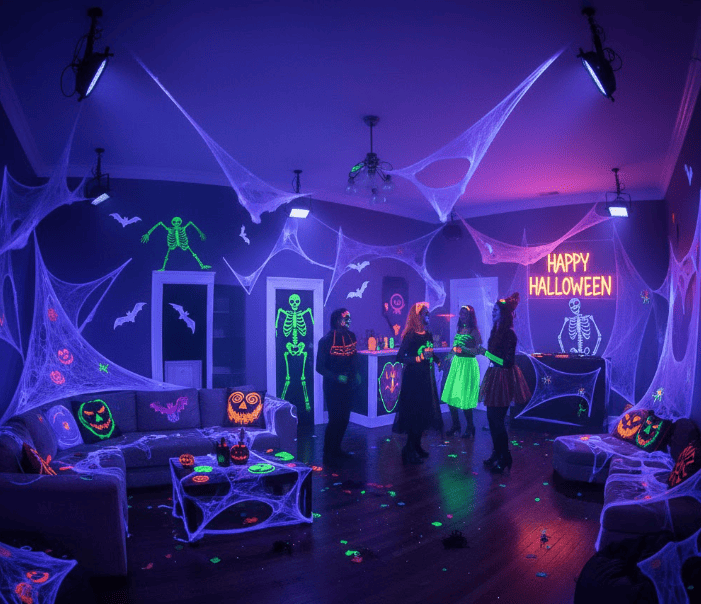 Glow-in-the-dark Halloween party room with neon skeletons and spooky decorations, perfect for Halloween celebrations.