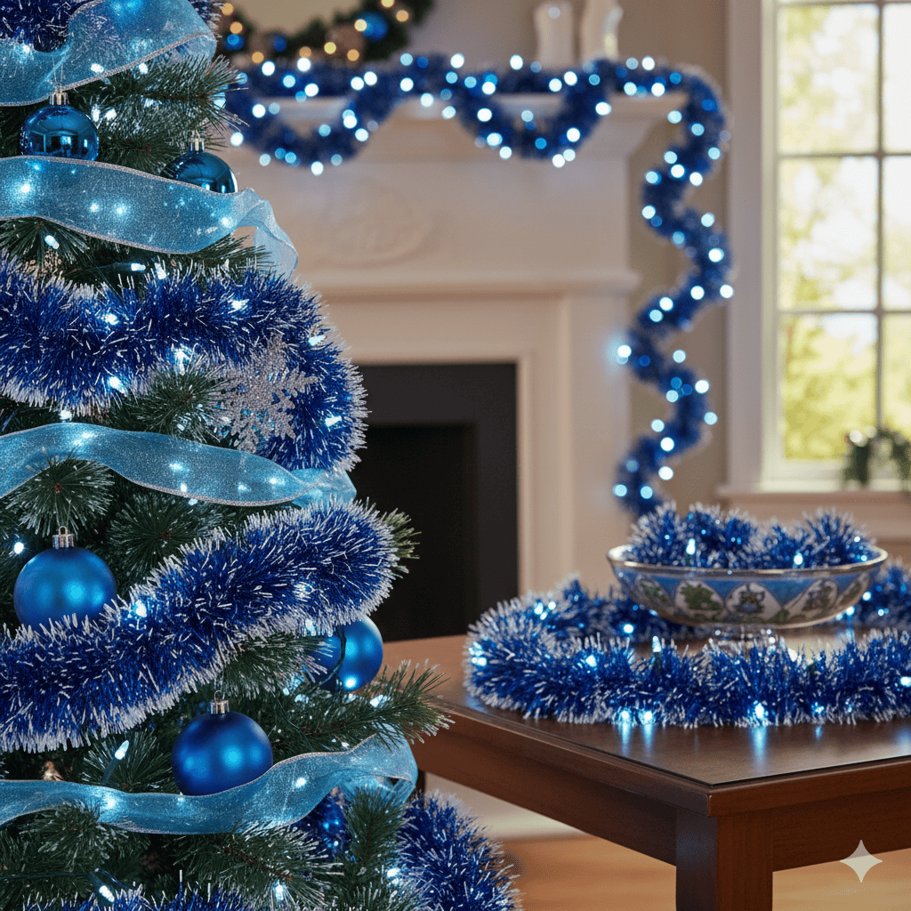 Blue Christmas decor, tinsel, ornaments, and lighting for holiday ambiance.