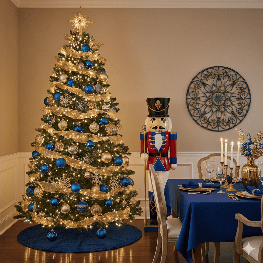 Decorated Christmas tree with blue and gold ornaments, festive lighting for holiday decoration.