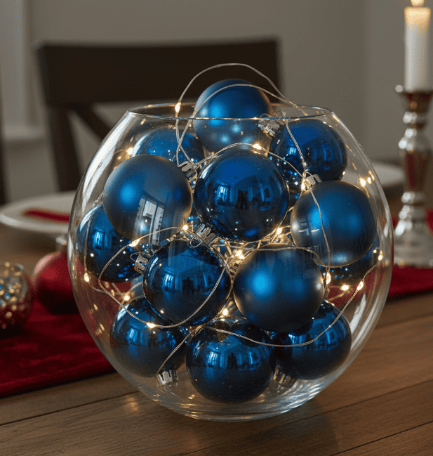 Blue Christmas ornaments with string lights in a glass bowl for holiday decor.