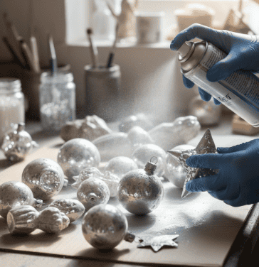 Shiny silver Christmas ornaments being spray painted for holiday decorations.