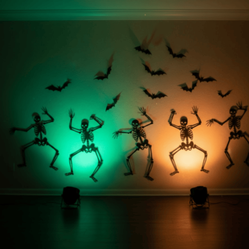 Spooky Halloween skeleton lights with bats, green and orange lighting effects, perfect for Halloween decoration.