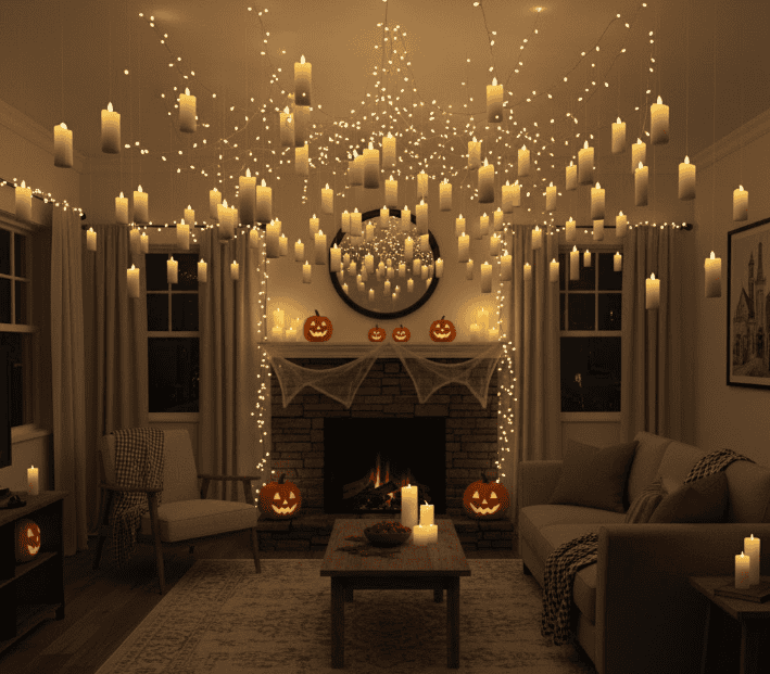 Fiery Halloween candles and string lights create a cozy spooky living room decor.