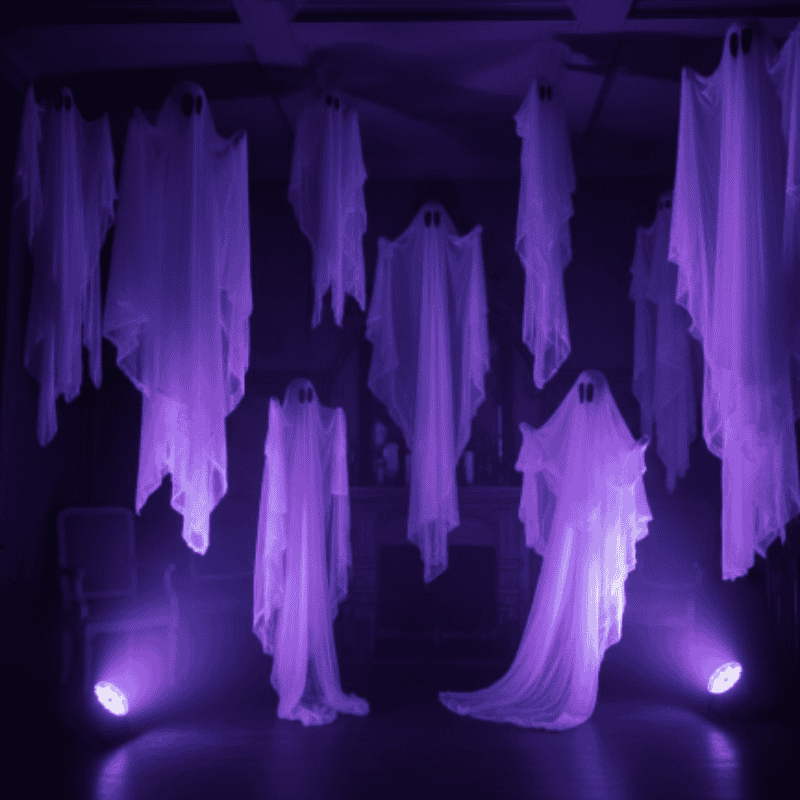 Spooky ghost decorations under purple lighting for Halloween, created with stage lighting supplies.