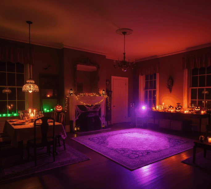 Halloween decorated living room with ambient lighting and themed decorations for spooky celebrations.