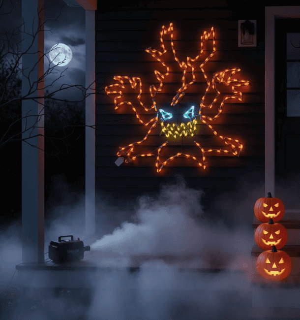 Glowing Halloween crab neon sign with orange, blue LED lights for spooky outdoor decor.