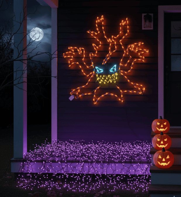 Glowing Halloween reindeer and pumpkin lights for spooky outdoor Halloween decorations.