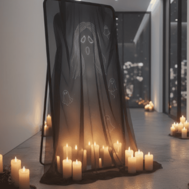Ghost Halloween decoration with candles and spooky veil for haunted house decor.