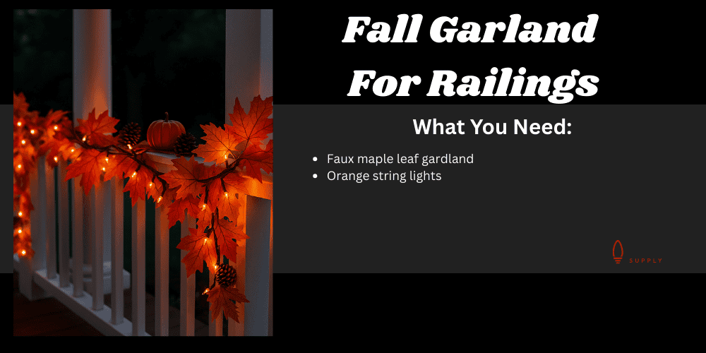 Fall garland for railings with orange string lights and faux maple leaf decor, perfect for autumn outdoor lighting.