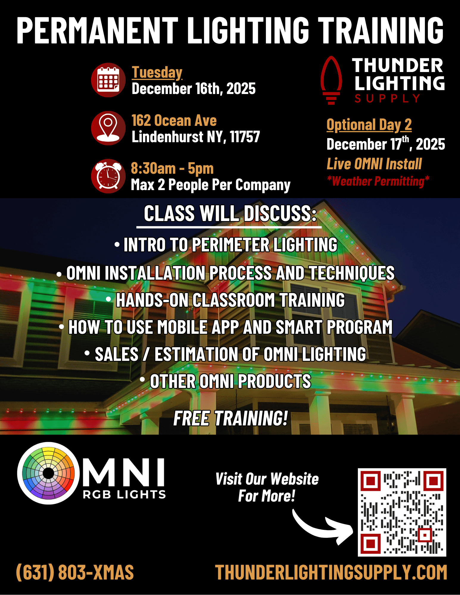 Permanent outdoor LED lighting training event in Lindenhurst NY, December 16, 2025.