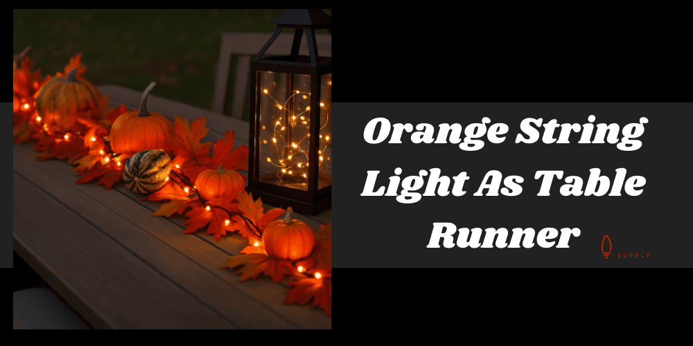 Outdoor Fall Lights Ideas for Cozy Autumn Decor (Easy DIY) 10 Outdoor fall lights idea with C7 Orange Faceted bulbs woven through pumpkins, gourds, and maple leaf garlands on a Thanksgiving table centerpiece, accented by a lantern with fairy lights for cozy autumn decor.