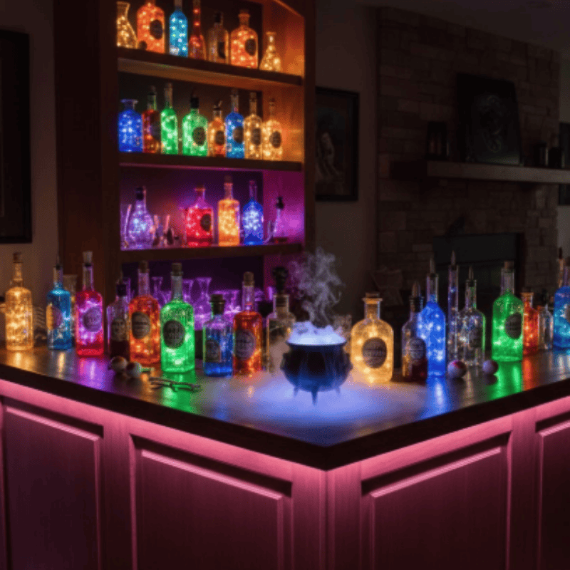 Colorful LED potion bottles for unique lighting decor at Thunder Lighting Supply.