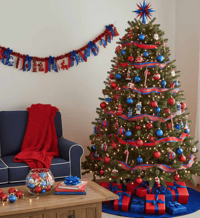 Decorative Christmas tree with red and blue ornaments, ribbon, and lights at Thunder Lighting Supply.