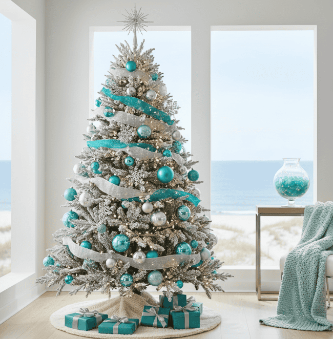 Shimmering frosted Christmas tree with blue and silver ornaments in a coastal window scene.
