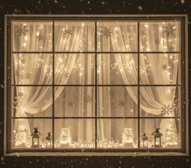 Warm white holiday string lights and snowflake decorations on window.