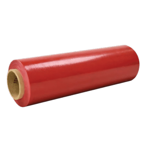 Red protective film roll for industrial lighting applications, durable and UV resistant.