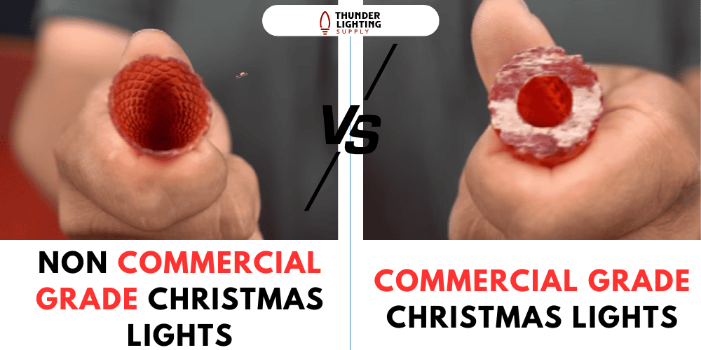 A comparison image of commercial and retail Christmas light.
