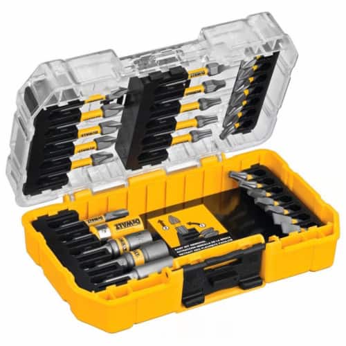 Precision screwdriver set with interchangeable bits for electrical and lighting fixtures.