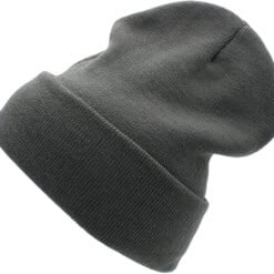 Warm gray beanie hat for outdoor winter use.