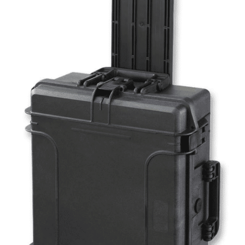 Heavy-duty black protective equipment case for lighting gear and accessories.