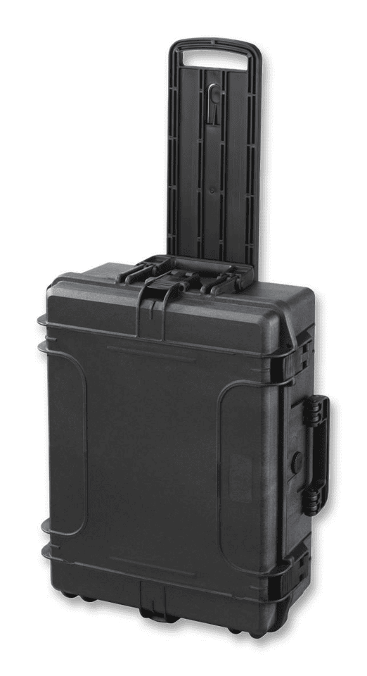 1. Heavy-duty black plastic protective storage case for lighting equipment.