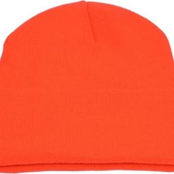 Bright orange LED beanie hat for outdoor lighting and safety.